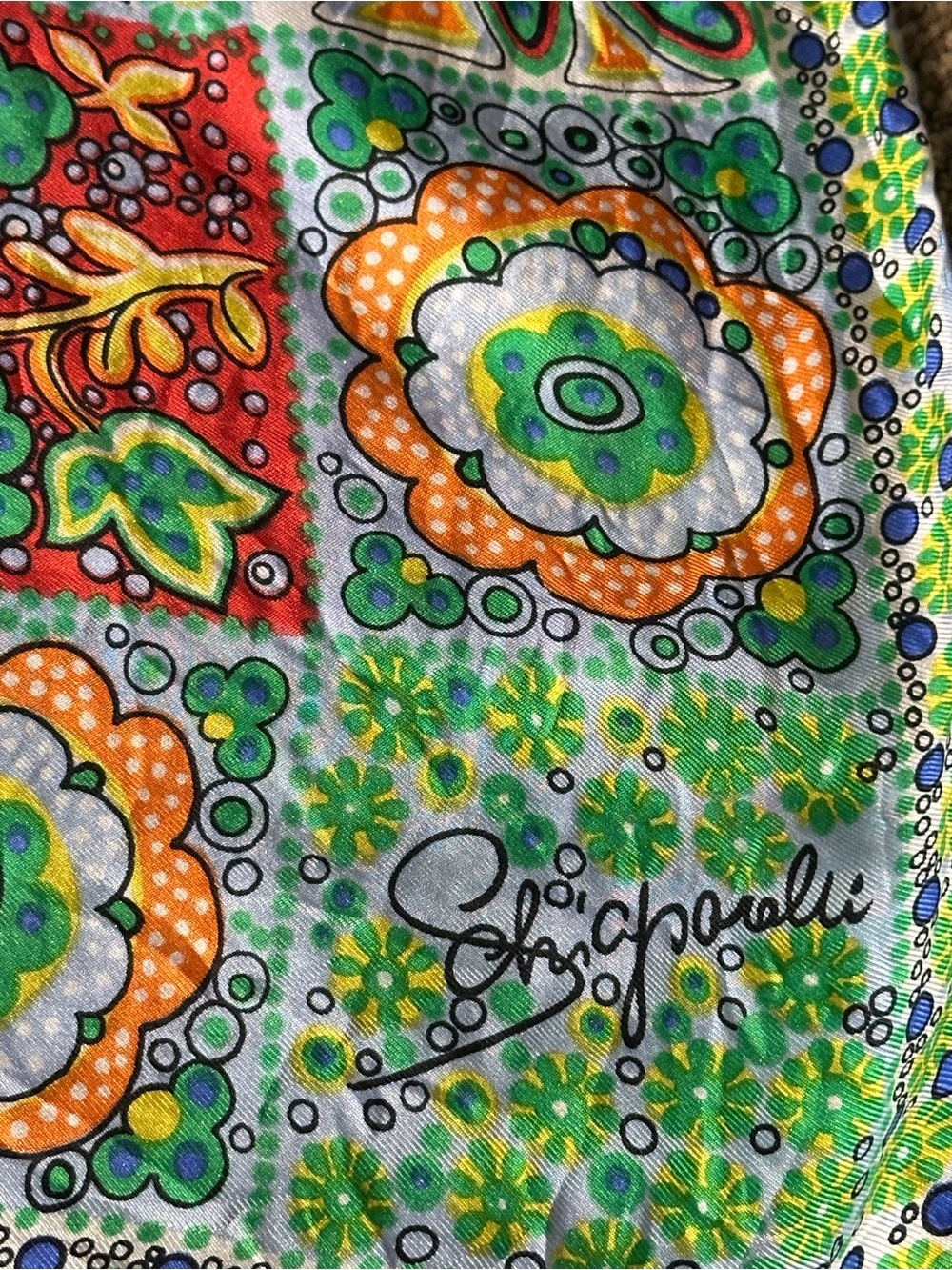 Vintage Schiaparelli Vibrant Multicolor Floral Scarf w/ Rolled Hem 28” x 28”